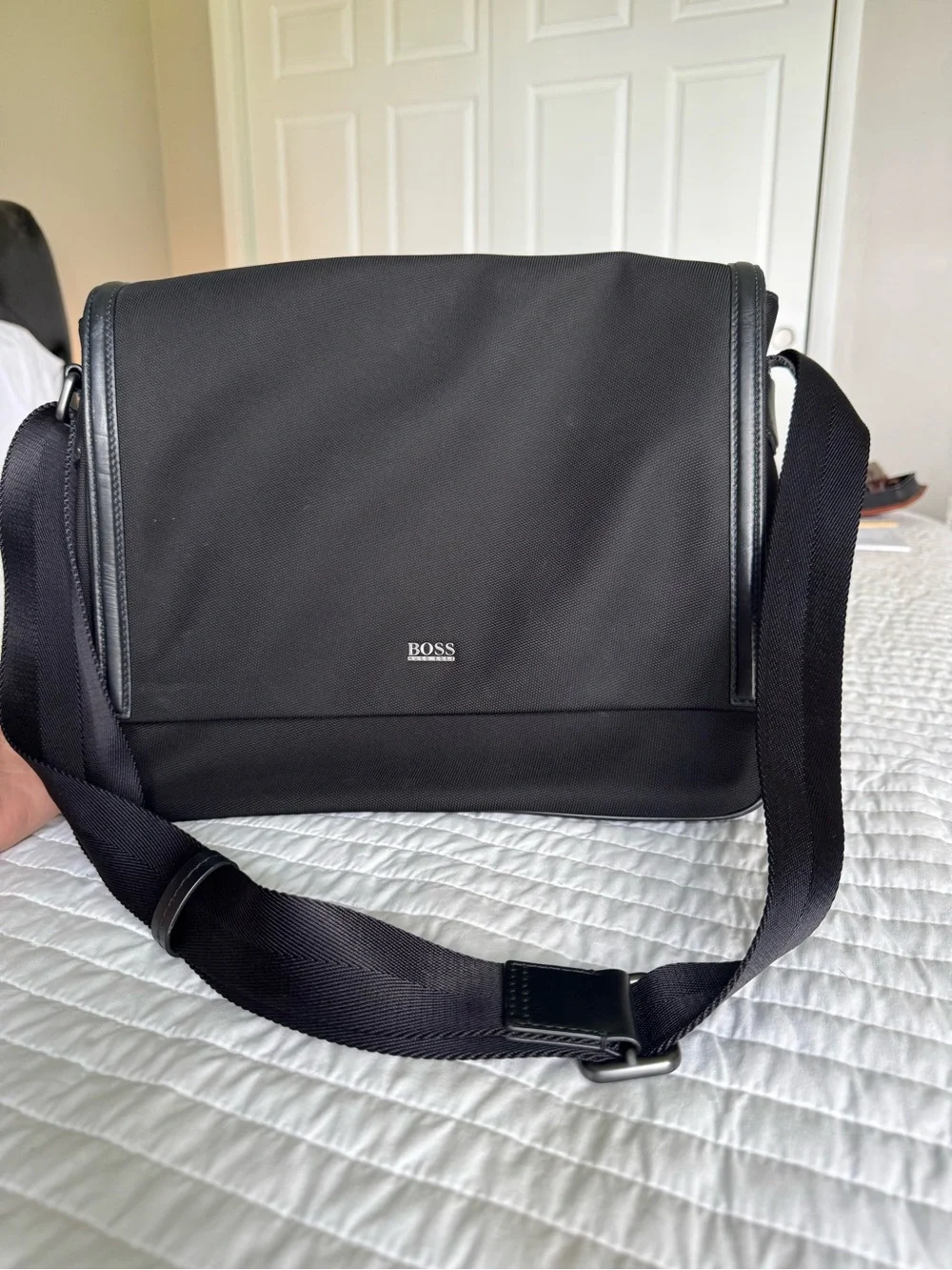 Vintage HUGO BOSS Black Nylon Messenger Bag with Leather Trim Work School Travel